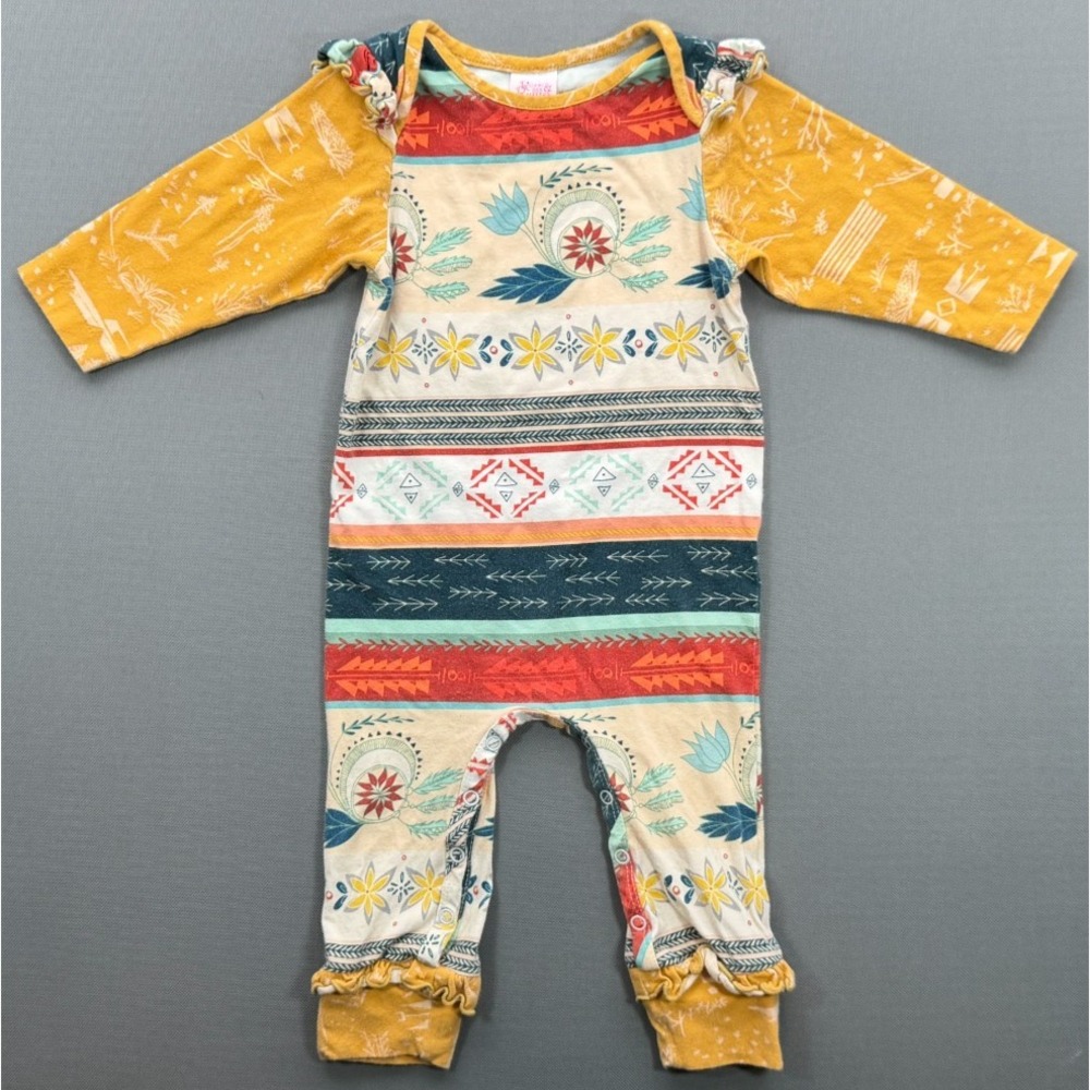 Ricrac & Ruffles Southwestern Aztec Romper Jumpsuit Yellow Ruffle Baby Girl 18M